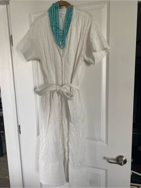White Eyelet Tie-Waist Midi Dress